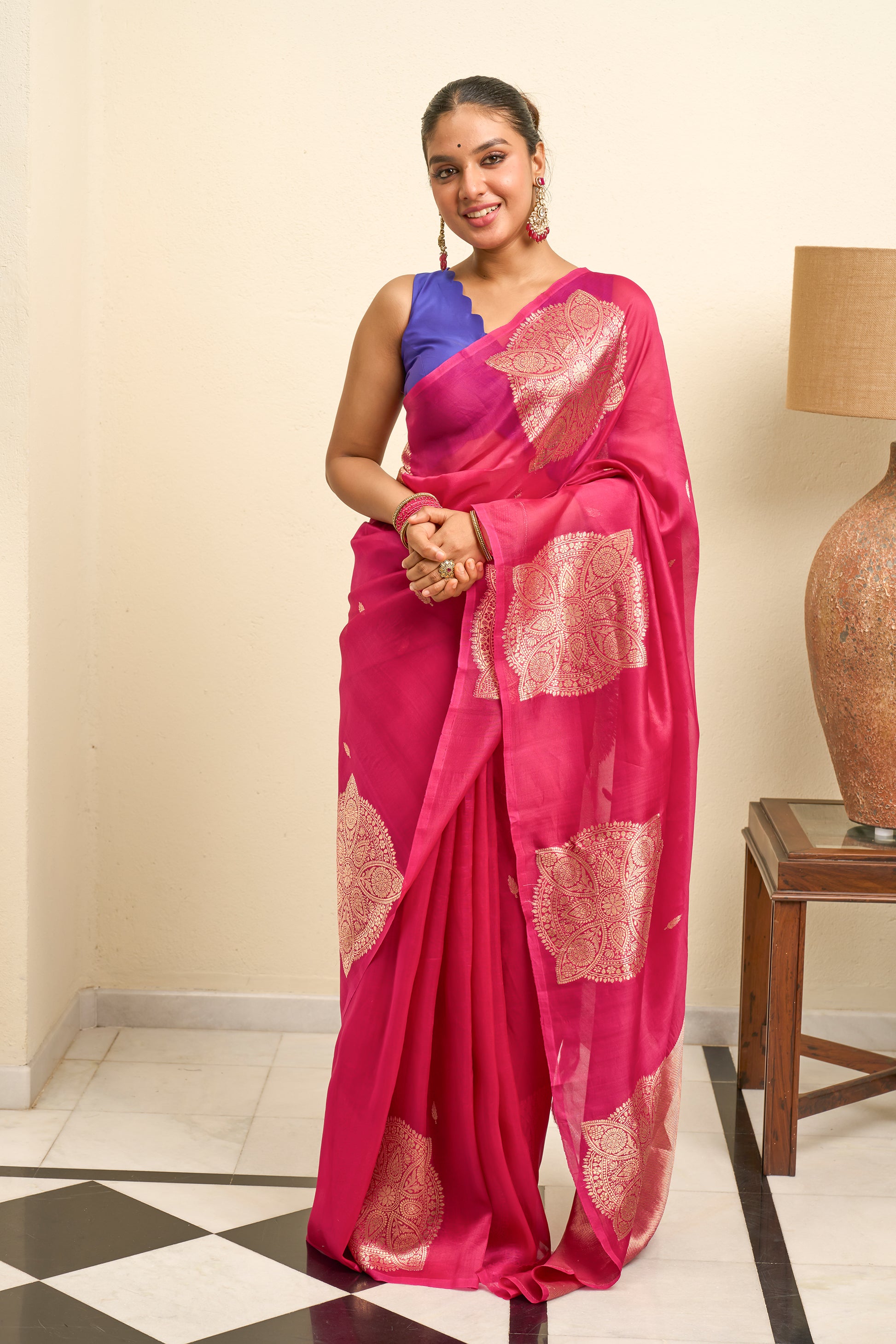 Raspberry Pink Organza Silk Saree