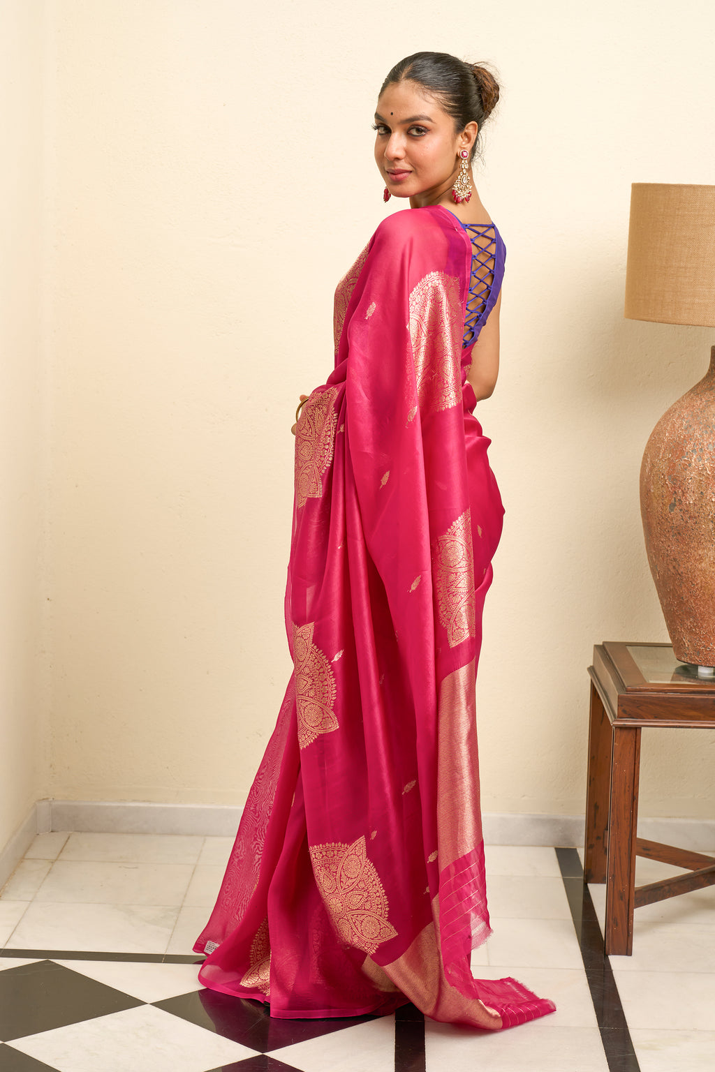 Raspberry Pink Organza Silk Saree
