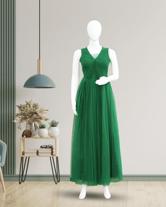 Elegant Green Net Gown with Pleated  and Sponge Ball Yoke - Product Code 10301