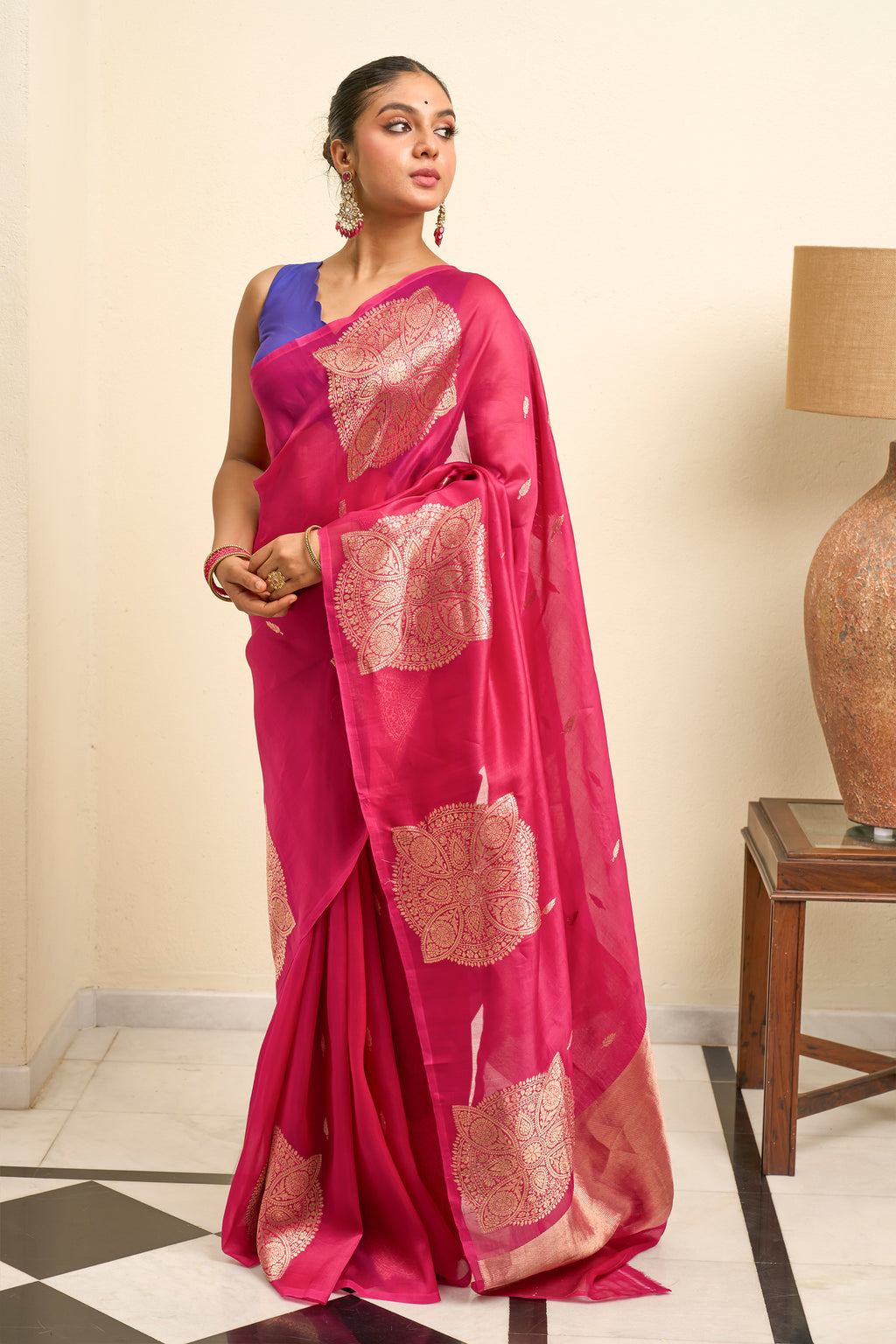 Raspberry Pink Organza Silk Saree