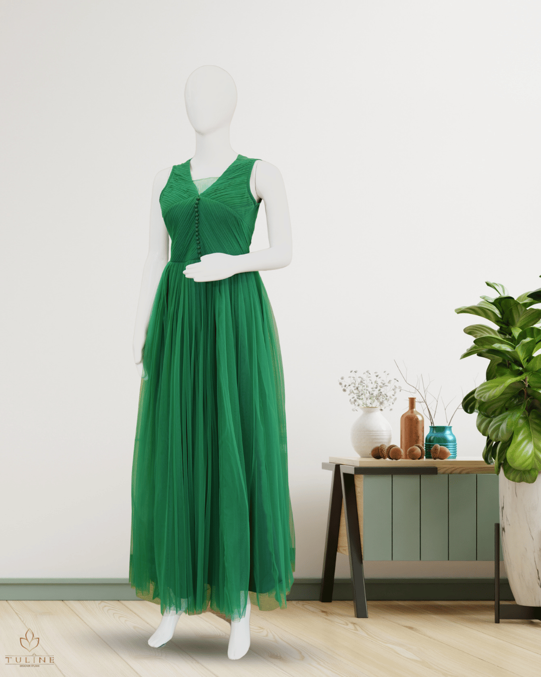 Elegant Green Net Gown with Pleated  and Sponge Ball Yoke - Product Code 10301