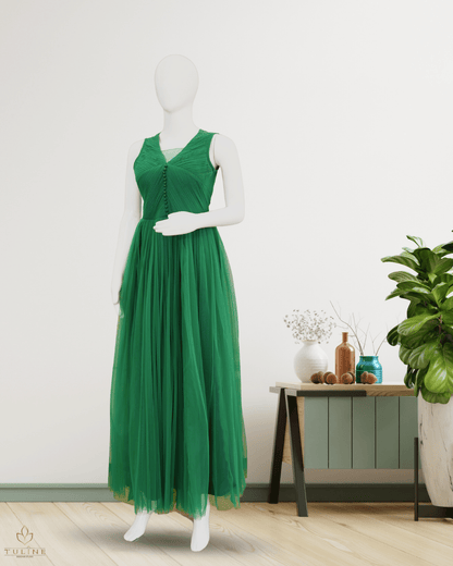 Elegant Green Net Gown with Pleated  and Sponge Ball Yoke - Product Code 10301
