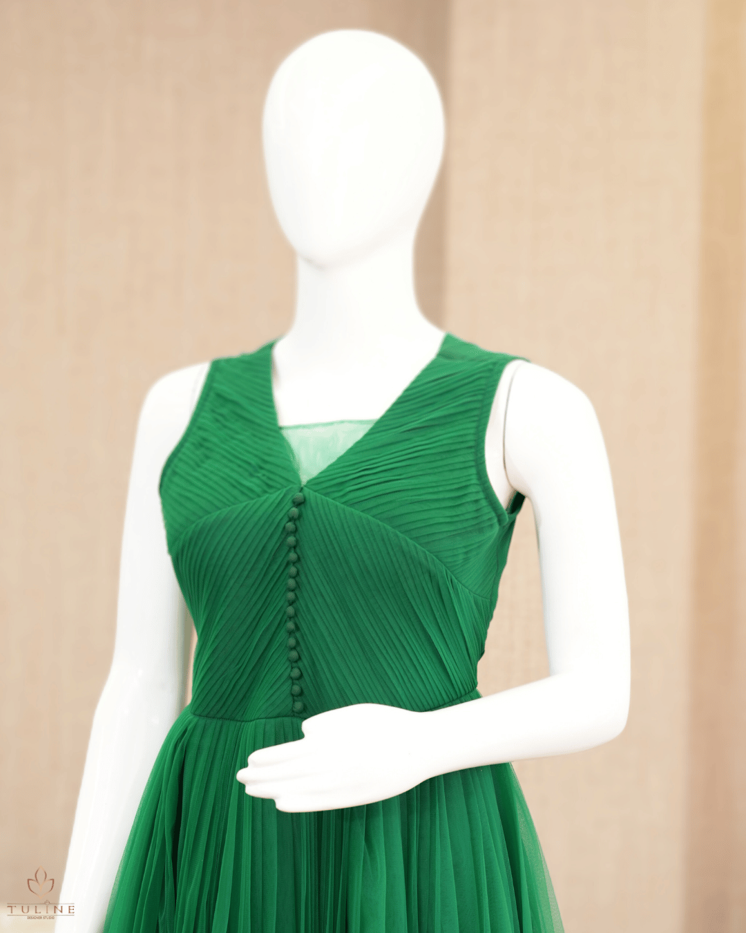 Elegant Green Net Gown with Pleated  and Sponge Ball Yoke - Product Code 10301