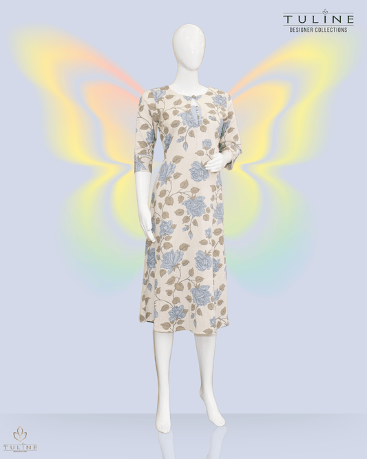 Elegant Floral A-Line Cotton Top - Ivory - Product Code 10343