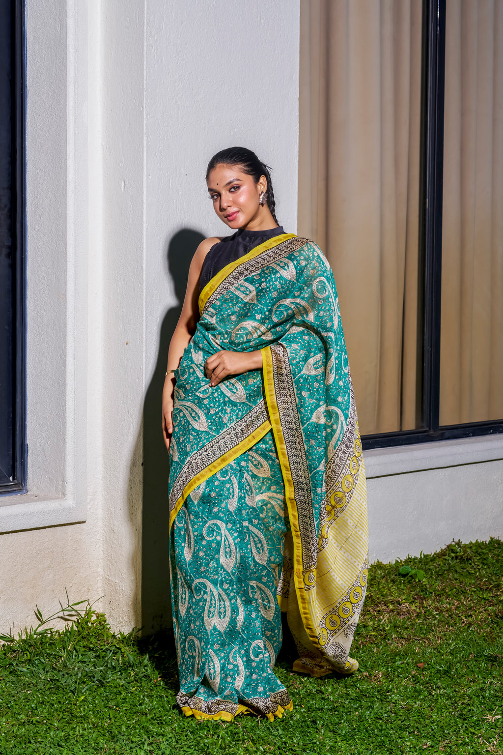 Emerald Green & Yellow Chanderi Saree