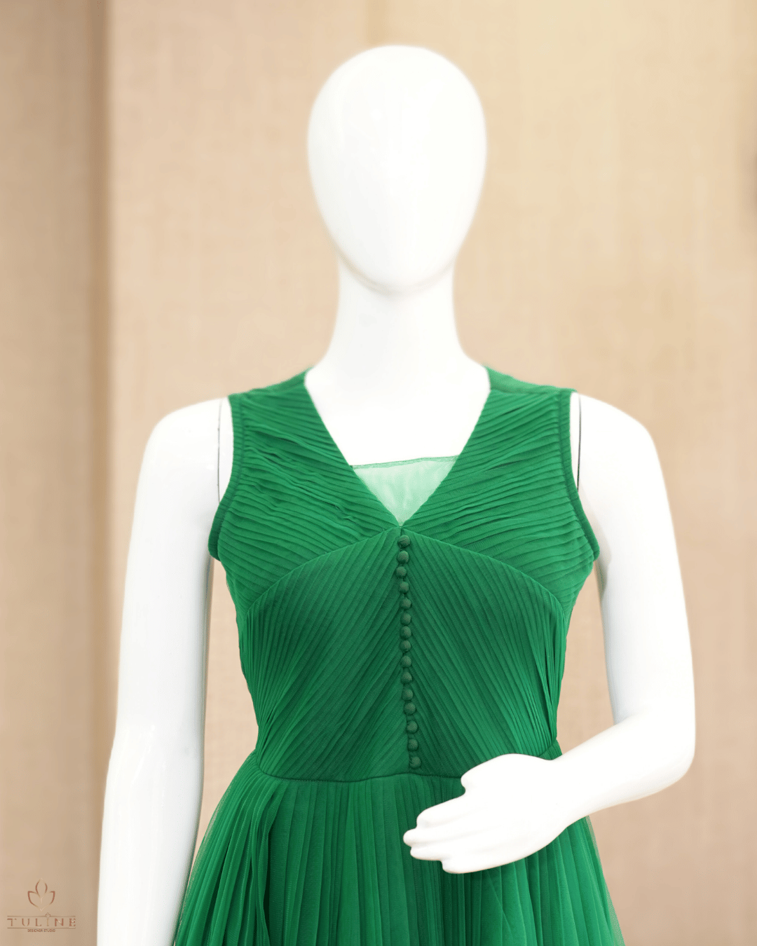 Elegant Green Net Gown with Pleated  and Sponge Ball Yoke - Product Code 10301