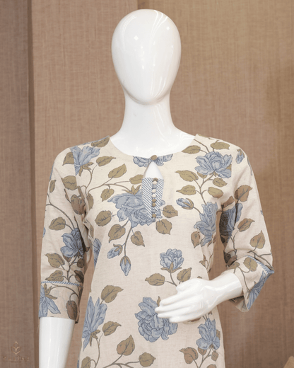 Elegant Floral A-Line Cotton Top - Ivory - Product Code 10343