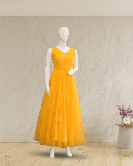 Flowing Yellow Net Gown with Sponge Ball Yoke - Product Code 10302