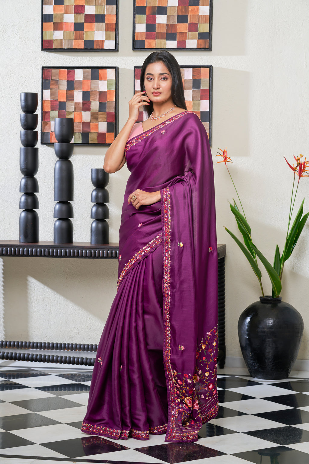 Plum Wine Tussar Silk Saree