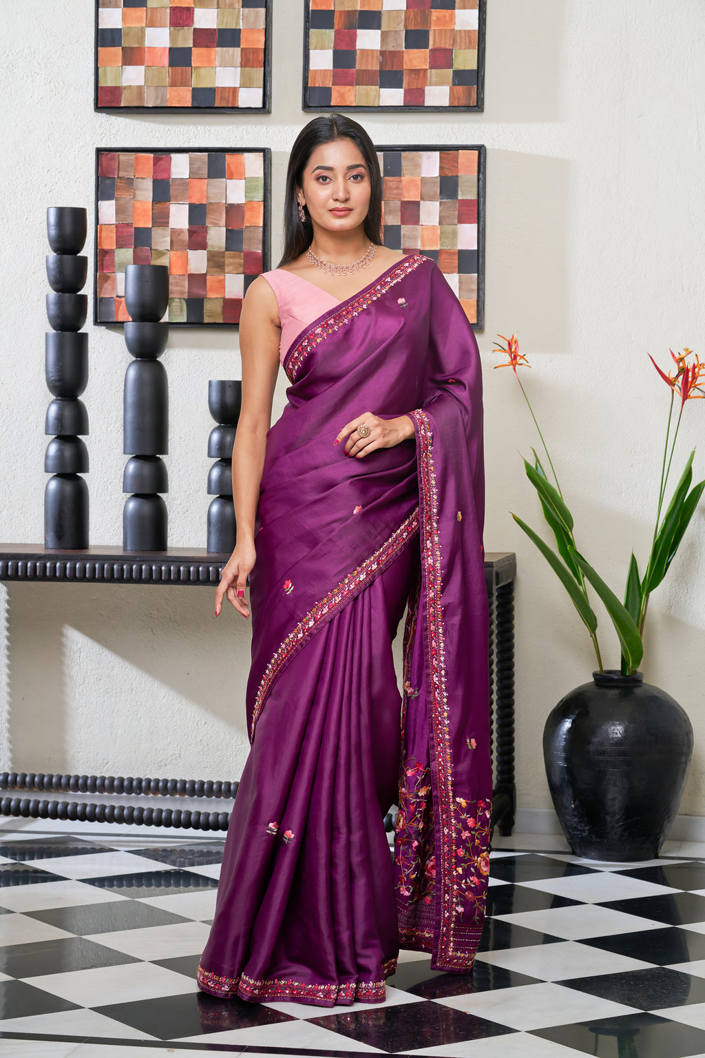 Plum Wine Tussar Silk Saree