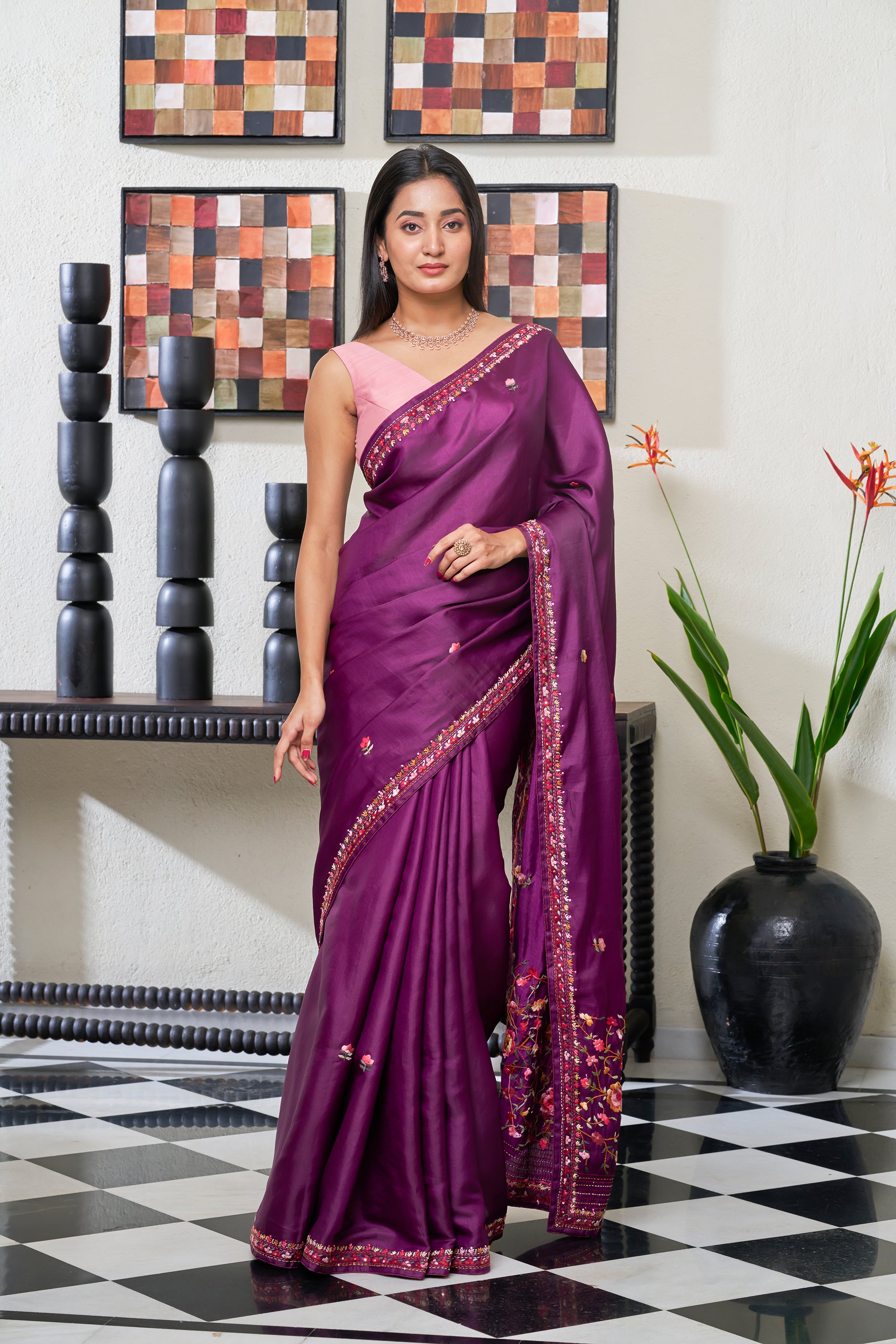Plum Wine Tussar Silk Saree