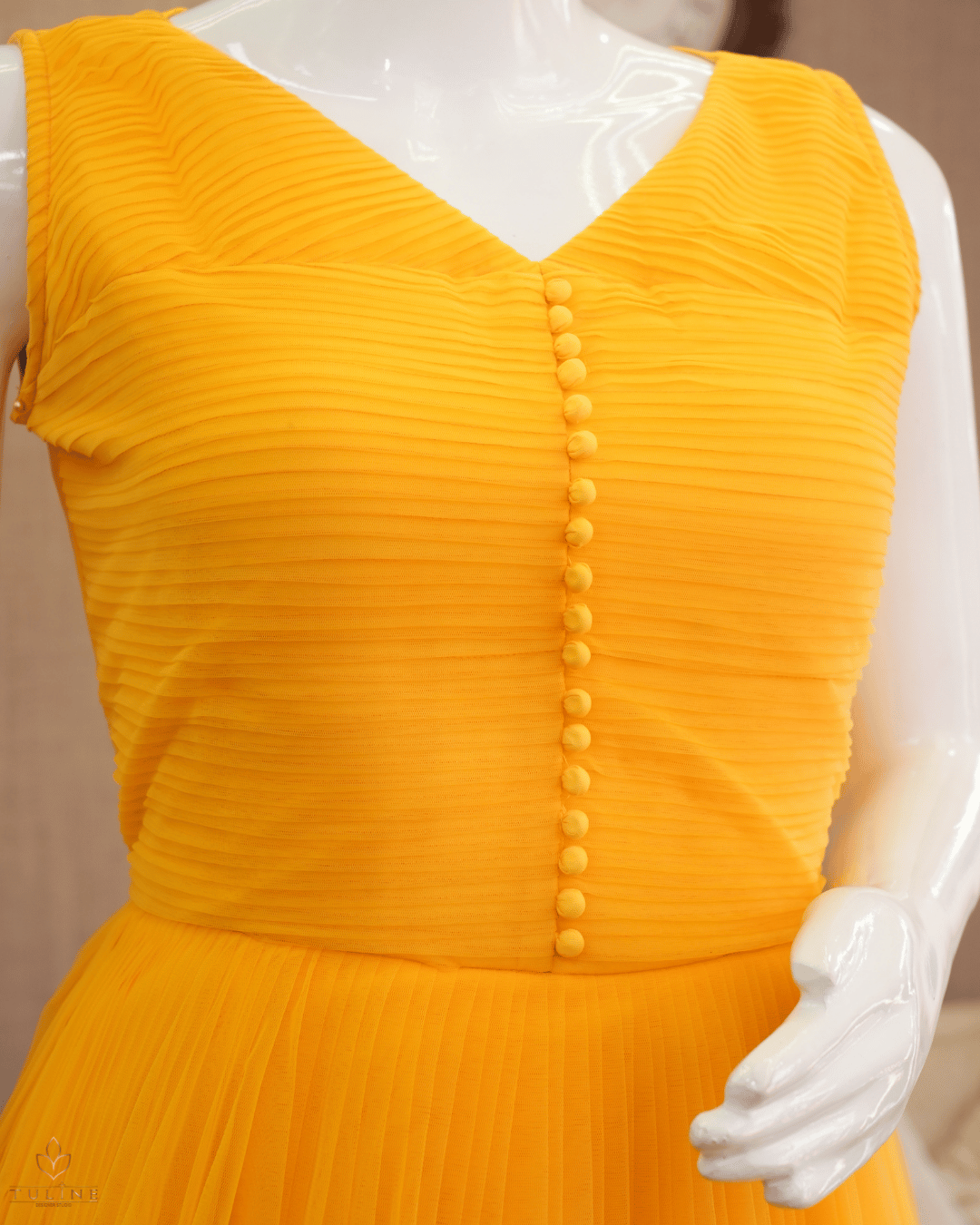 Flowing Yellow Net Gown with Sponge Ball Yoke - Product Code 10302
