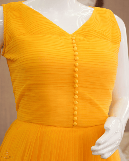 Flowing Yellow Net Gown with Sponge Ball Yoke - Product Code 10302