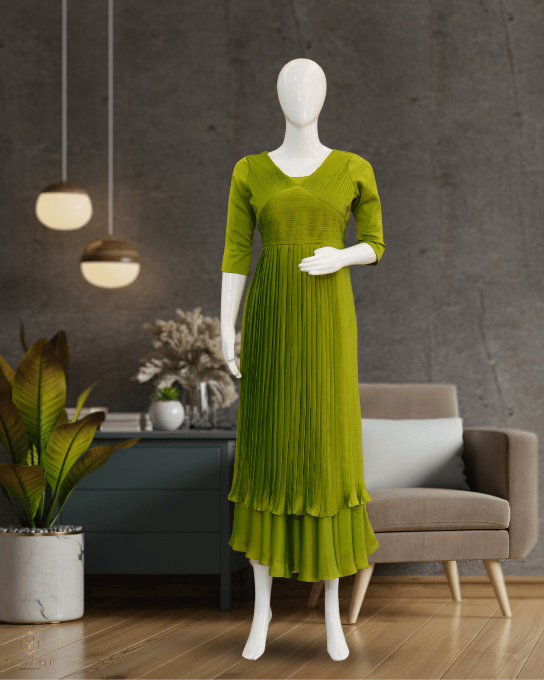 Mustard Green Glazing Chiffon Gown with Pleated Yoke & Layered Stair Design - Product Code 10303