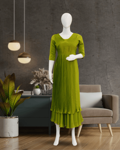 Mustard Green Glazing Chiffon Gown with Pleated Yoke & Layered Stair Design - Product Code 10303