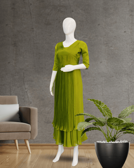 Mustard Green Glazing Chiffon Gown with Pleated Yoke & Layered Stair Design - Product Code 10303