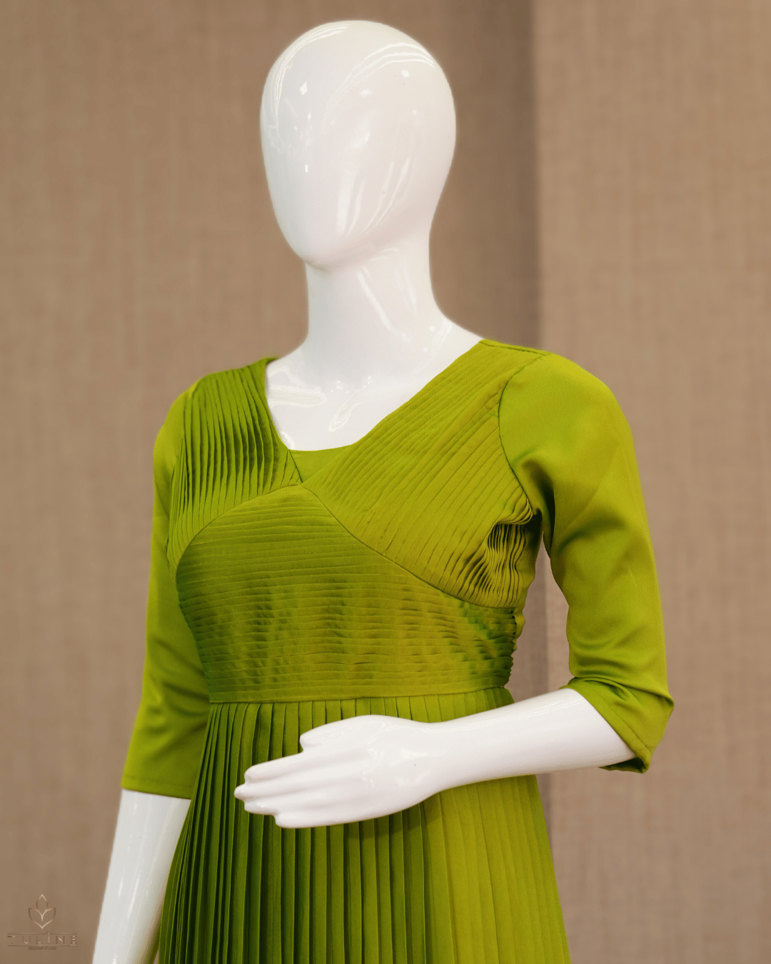Mustard Green Glazing Chiffon Gown with Pleated Yoke & Layered Stair Design - Product Code 10303