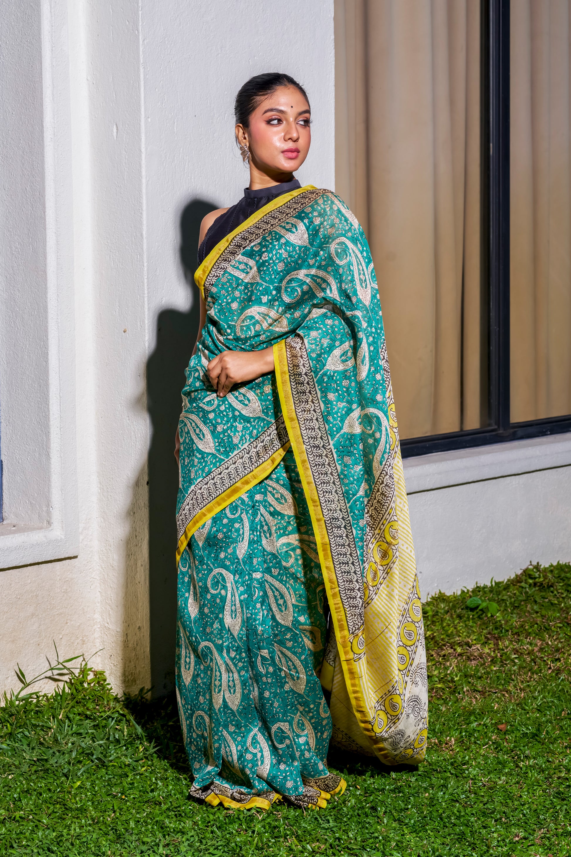 Emerald Green & Yellow Chanderi Saree