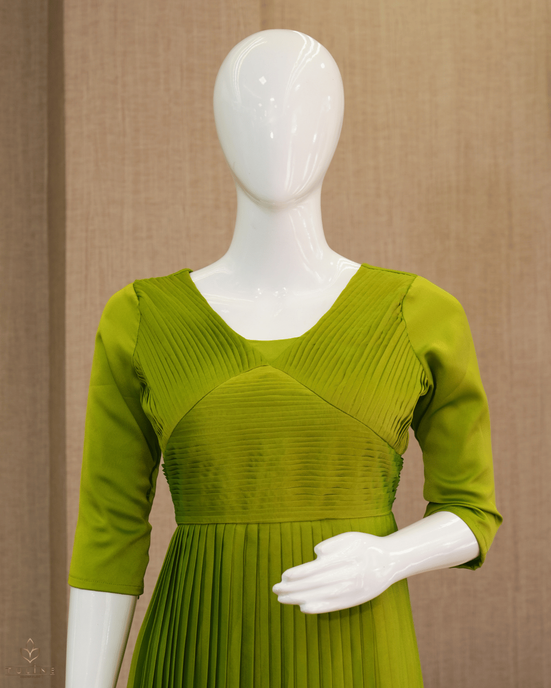 Mustard Green Glazing Chiffon Gown with Pleated Yoke & Layered Stair Design - Product Code 10303