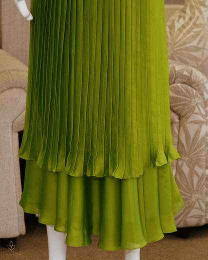 Mustard Green Glazing Chiffon Gown with Pleated Yoke & Layered Stair Design - Product Code 10303