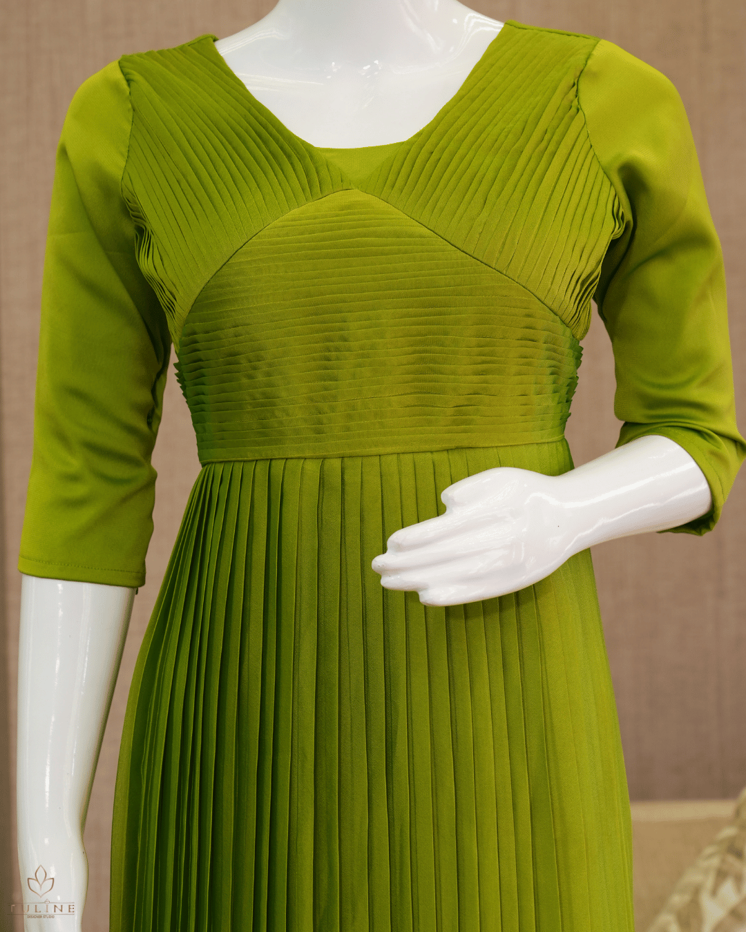 Mustard Green Glazing Chiffon Gown with Pleated Yoke & Layered Stair Design - Product Code 10303