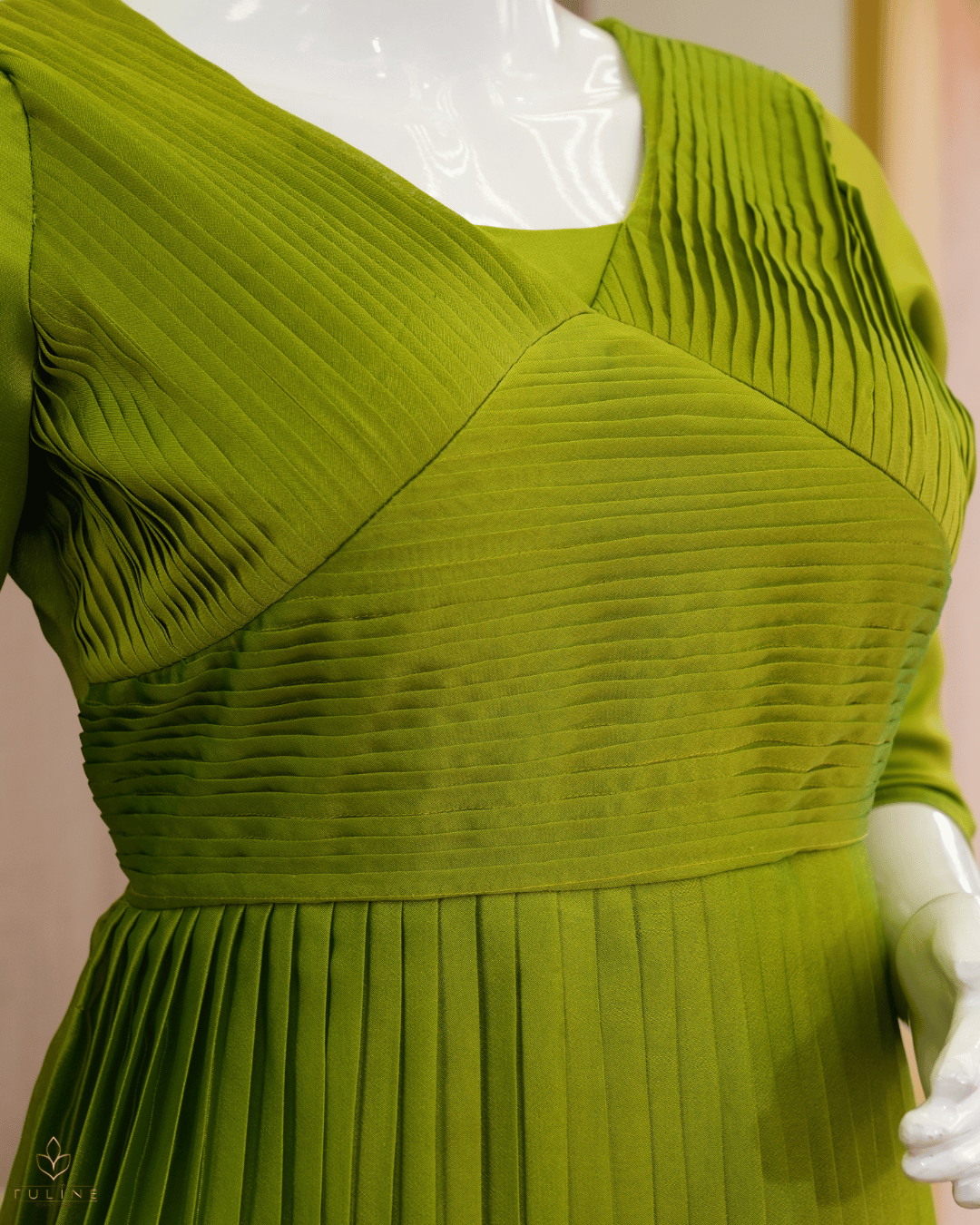 Mustard Green Glazing Chiffon Gown with Pleated Yoke & Layered Stair Design - Product Code 10303