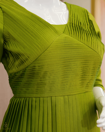 Mustard Green Glazing Chiffon Gown with Pleated Yoke & Layered Stair Design - Product Code 10303