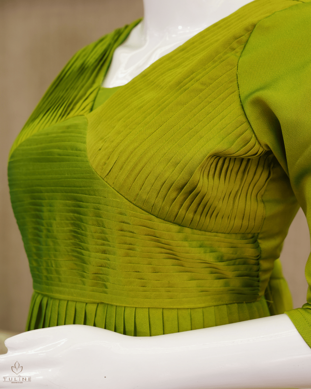Mustard Green Glazing Chiffon Gown with Pleated Yoke & Layered Stair Design - Product Code 10303