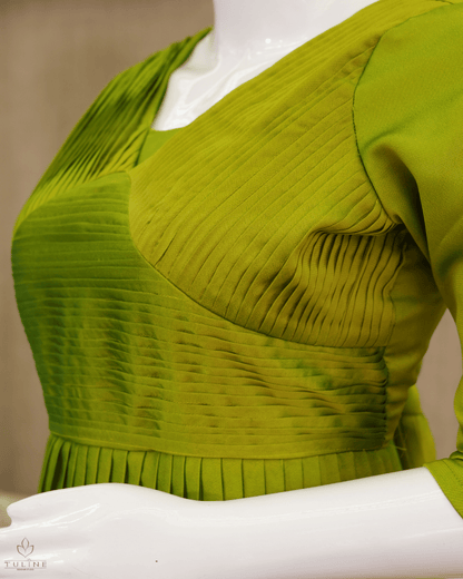 Mustard Green Glazing Chiffon Gown with Pleated Yoke & Layered Stair Design - Product Code 10303