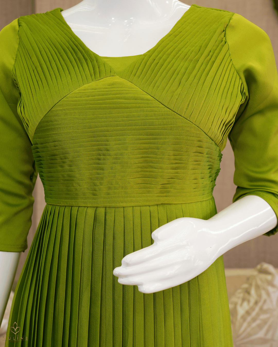Mustard Green Glazing Chiffon Gown with Pleated Yoke & Layered Stair Design - Product Code 10303