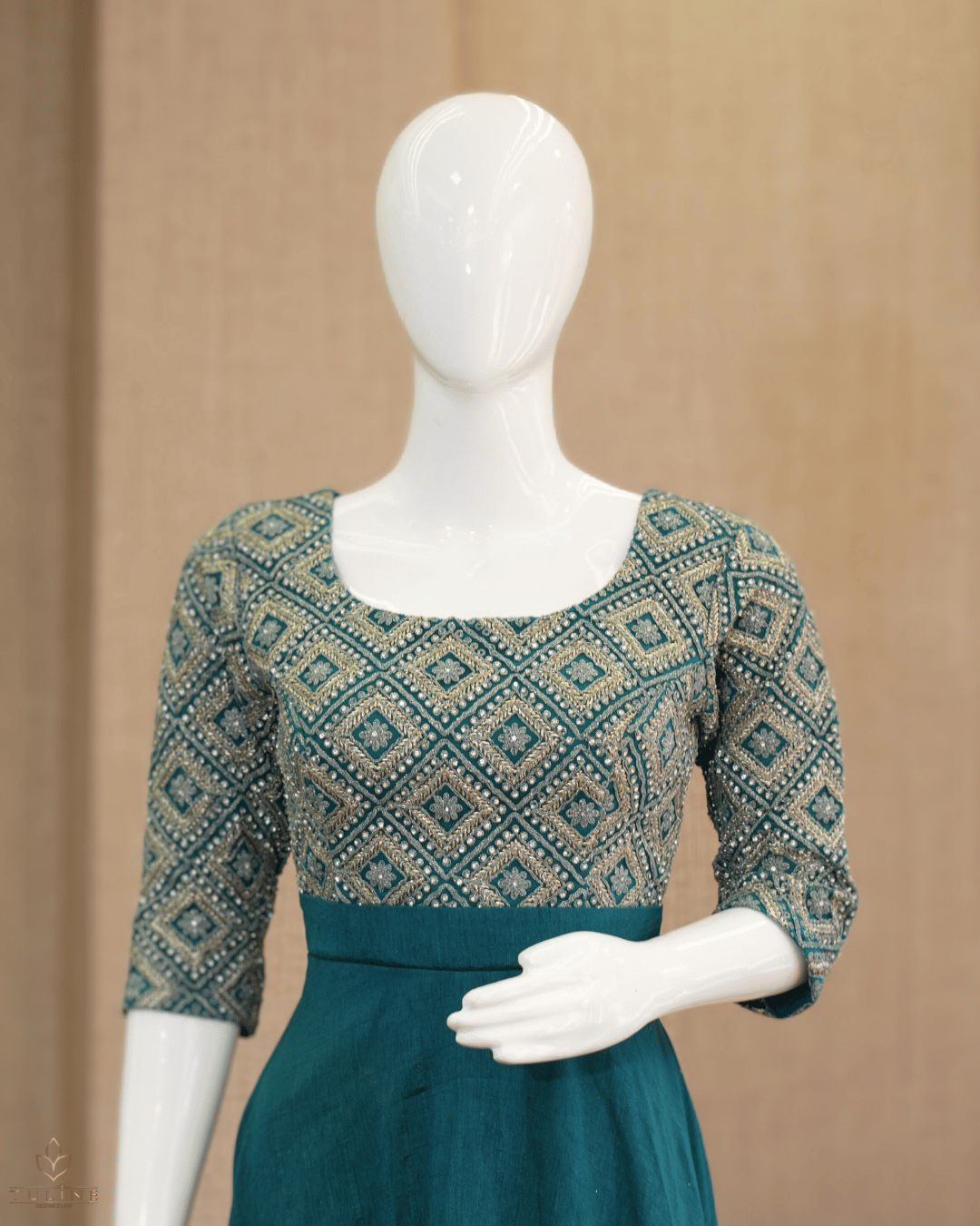 Teal Blue Umbrella Gown with Worked Yoke & Sleeves - Product Code 10304