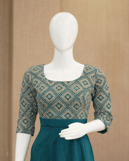 Teal Blue Umbrella Gown with Worked Yoke & Sleeves - Product Code 10304