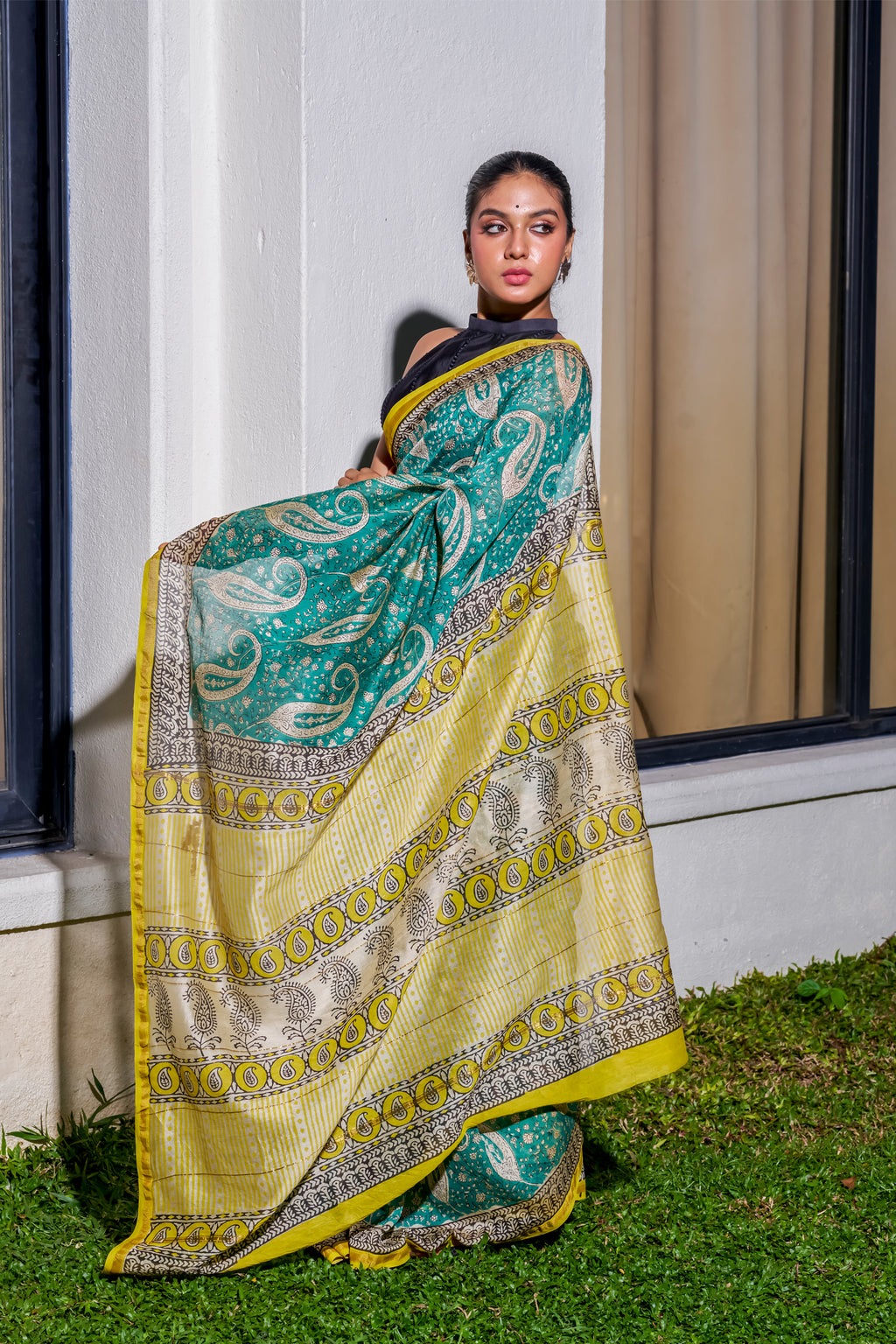 Emerald Green & Yellow Chanderi Saree