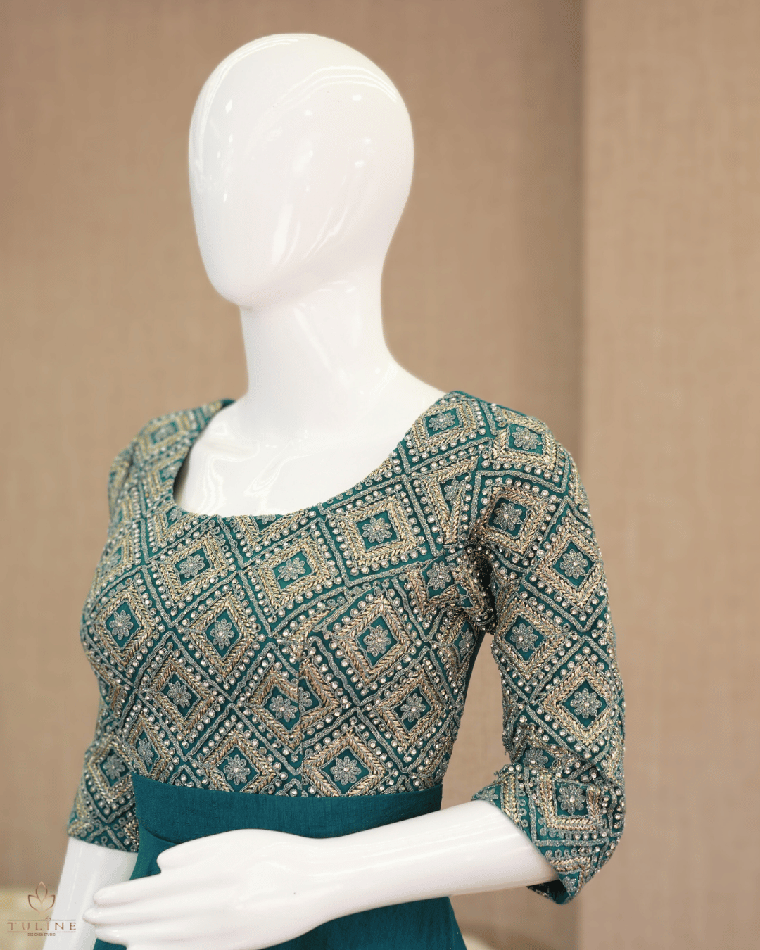 Teal Blue Umbrella Gown with Worked Yoke & Sleeves - Product Code 10304