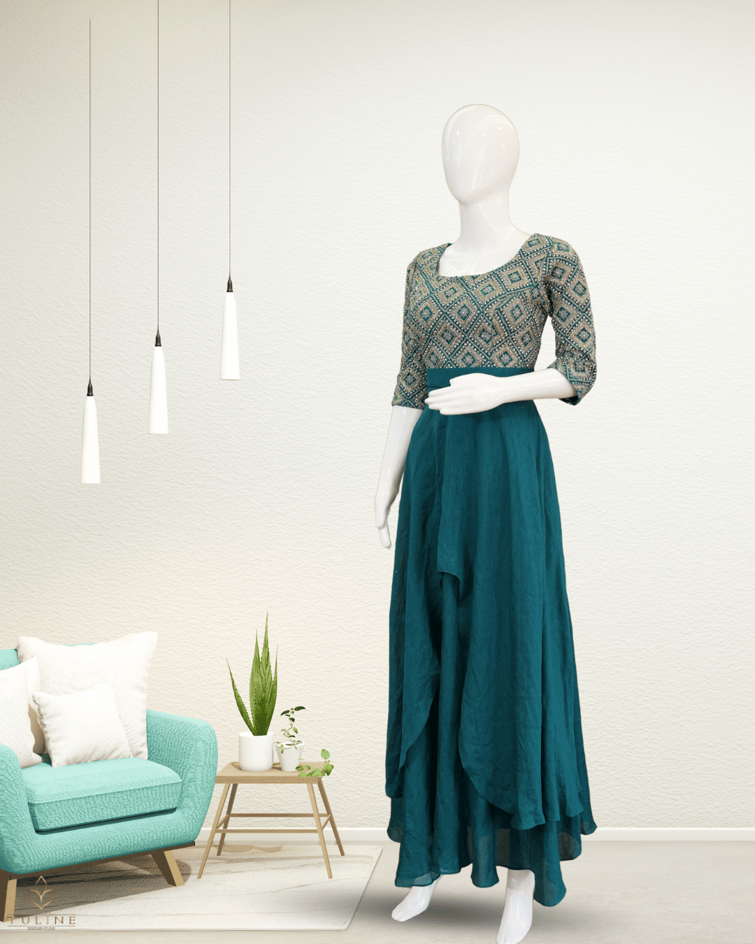 Teal Blue Umbrella Gown with Worked Yoke & Sleeves - Product Code 10304