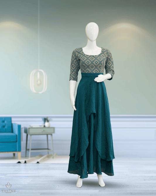 Teal Blue Umbrella Gown with Worked Yoke & Sleeves - Product Code 10304