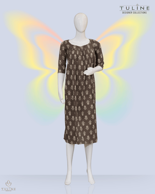 Pleated Cotton Top with Floral Prints in Medium Brown - Product Code 10347