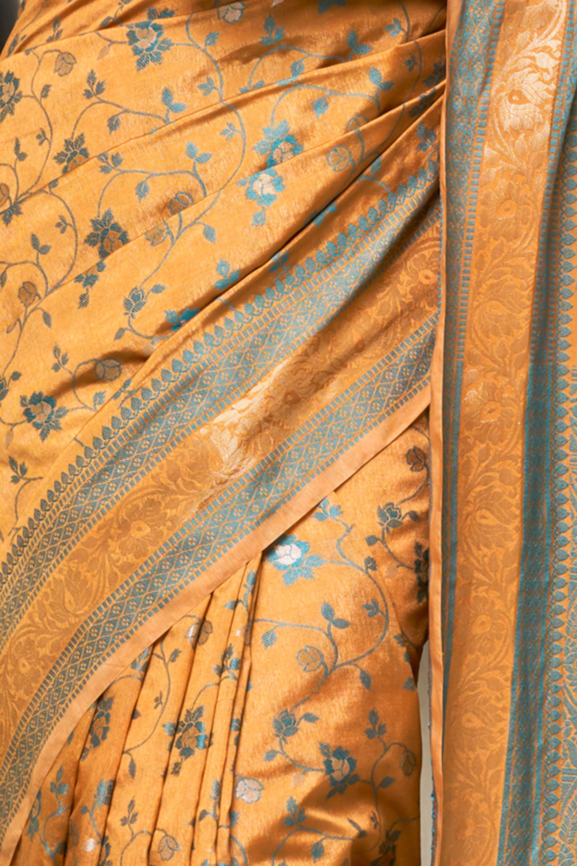 Warm Amber Yellow & Light Teal Blue Chanderi Saree