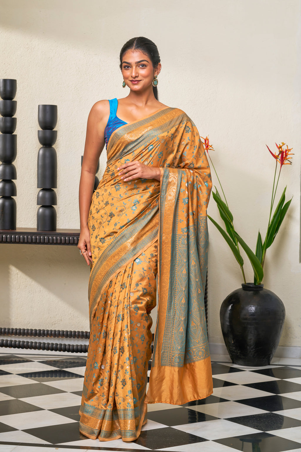 Warm Amber Yellow & Light Teal Blue Chanderi Saree