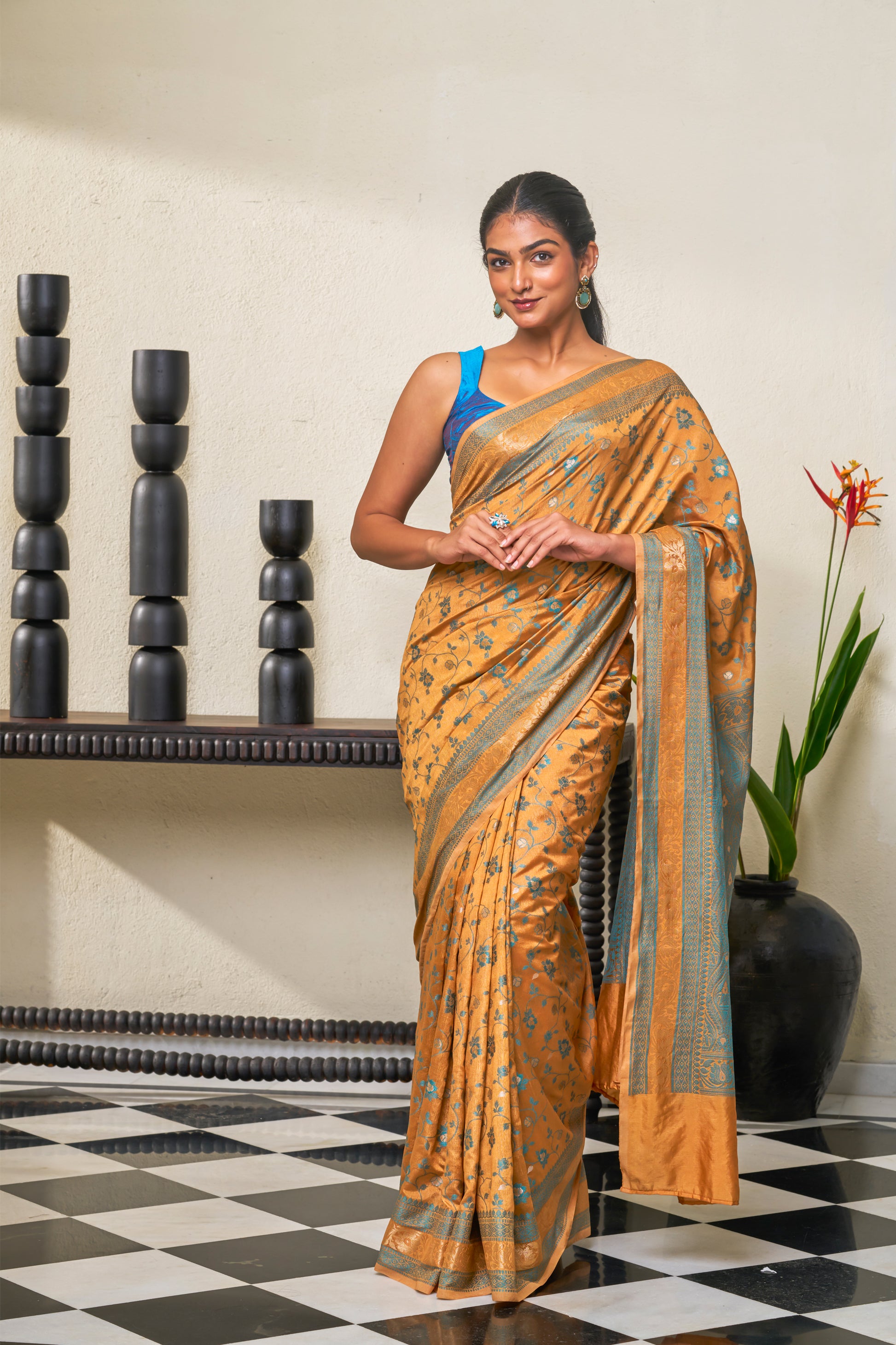 Warm Amber Yellow & Light Teal Blue Chanderi Saree