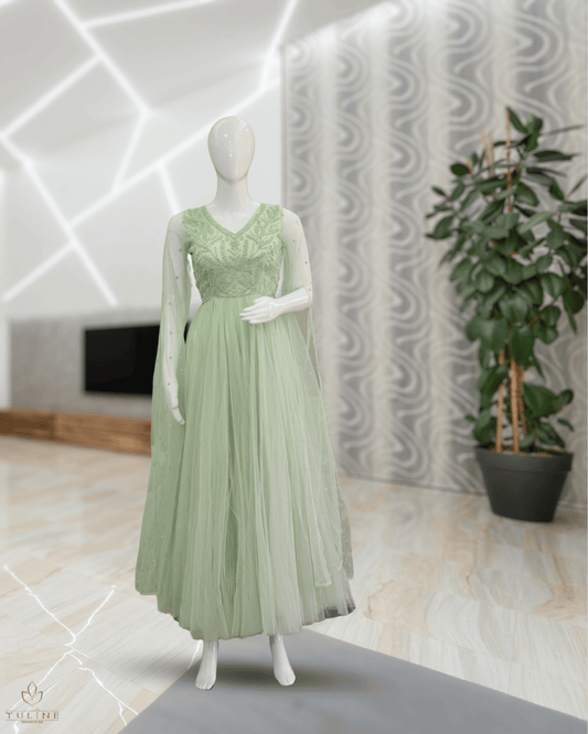 Comfortable Net Gown with Handwork and Flair Cut - Product Code 10306