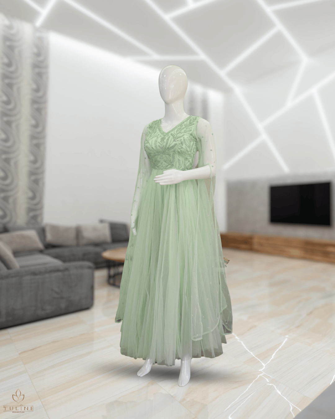 Comfortable Net Gown with Handwork and Flair Cut - Product Code 10306
