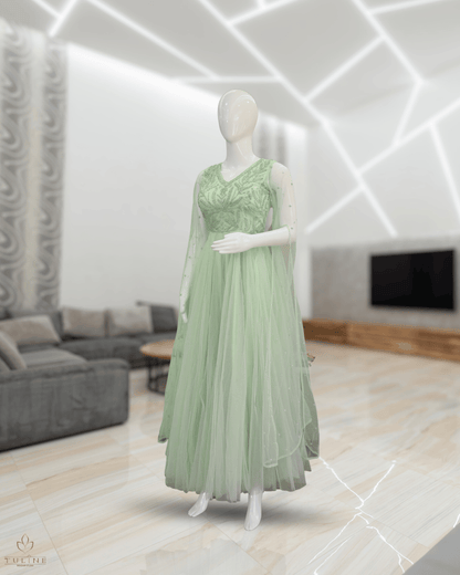 Comfortable Net Gown with Handwork and Flair Cut - Product Code 10306