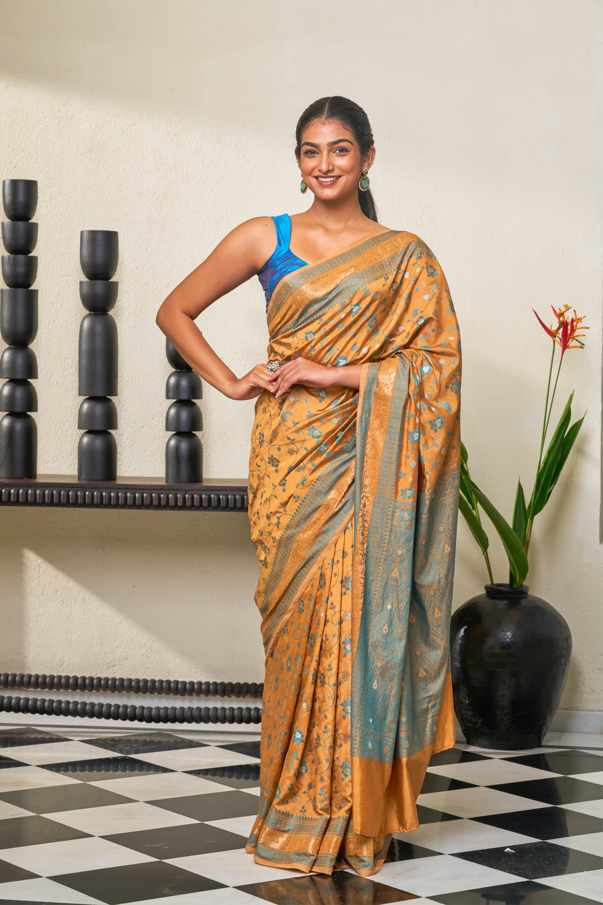 Warm Amber Yellow & Light Teal Blue Chanderi Saree