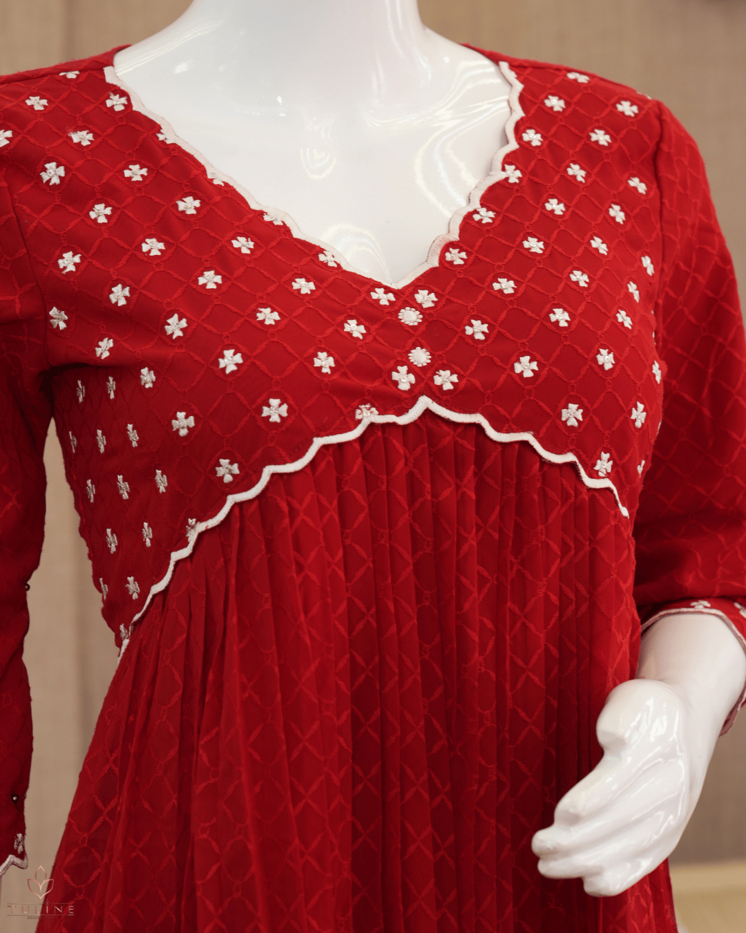 Bright Red Georgette Top with Sequin Yoke &amp; Aliya Cut Design - Product Code 10308