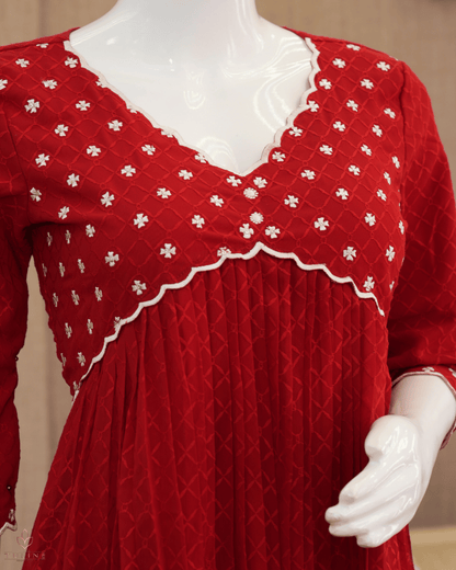 Bright Red Georgette Top with Sequin Yoke &amp; Aliya Cut Design - Product Code 10308