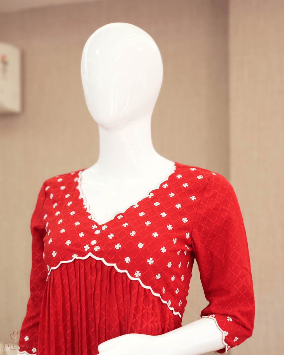 Bright Red Georgette Top with Sequin Yoke &amp; Aliya Cut Design - Product Code 10308