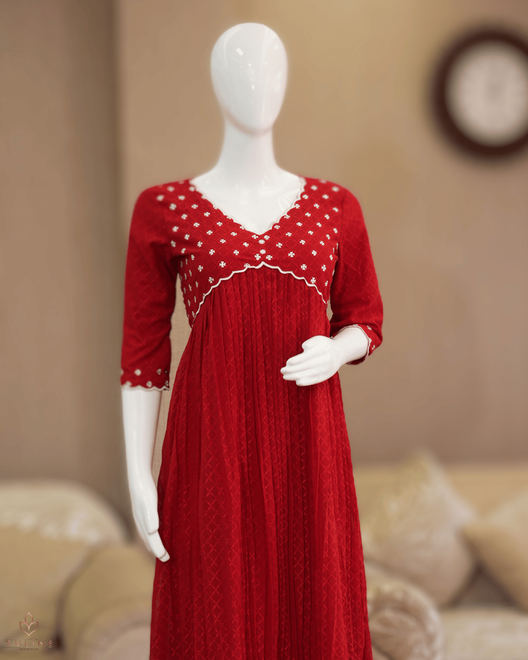 Bright Red Georgette Top with Sequin Yoke &amp; Aliya Cut Design - Product Code 10308