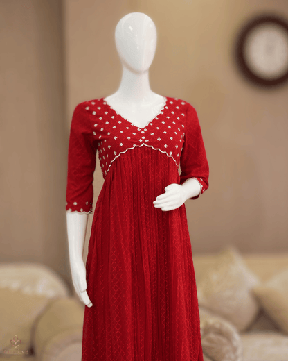 Bright Red Georgette Top with Sequin Yoke &amp; Aliya Cut Design - Product Code 10308