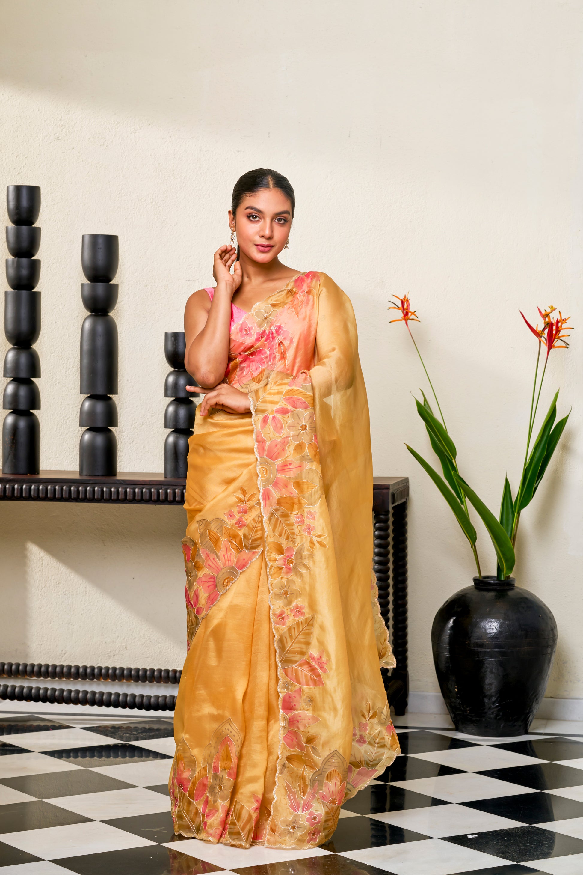 Baby Pink & Yellow Organza Silk Saree